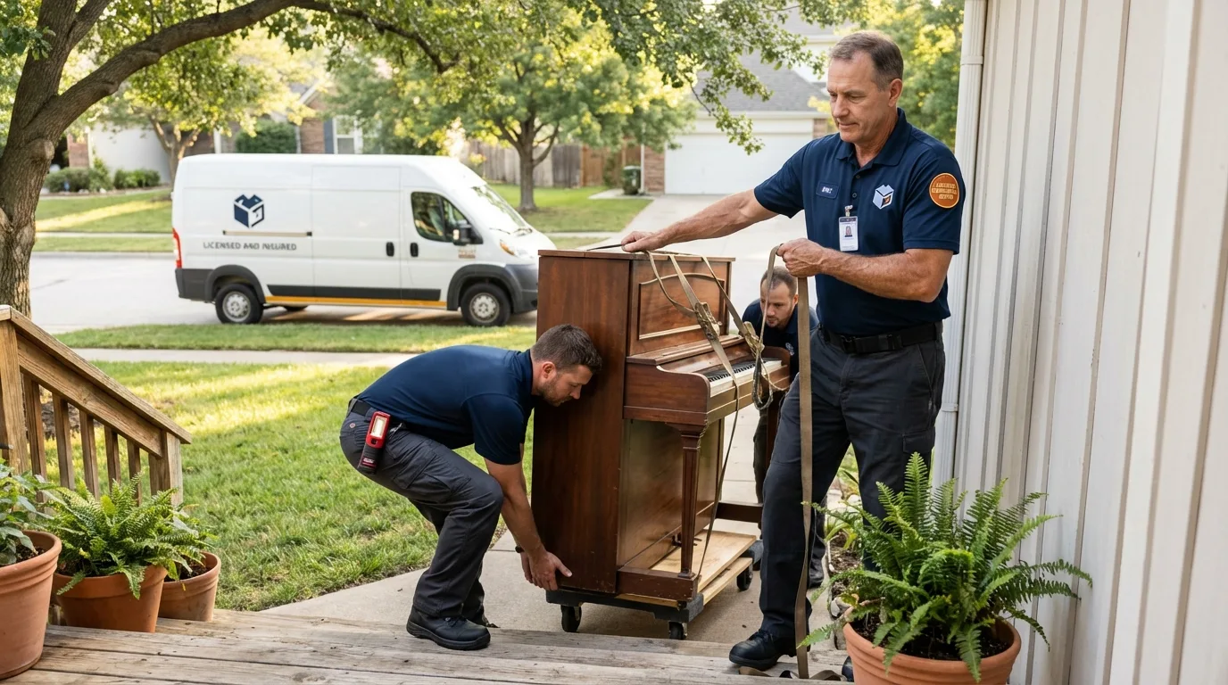 Licensed piano movers securing grand piano in Atlanta, IL