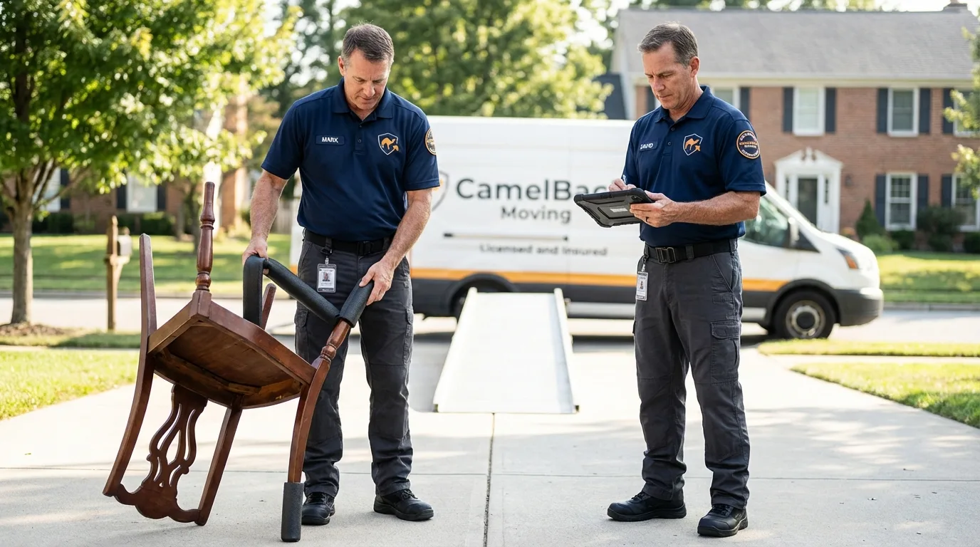 Movers inspecting furniture for damage prevention before loading in Atlanta, IL