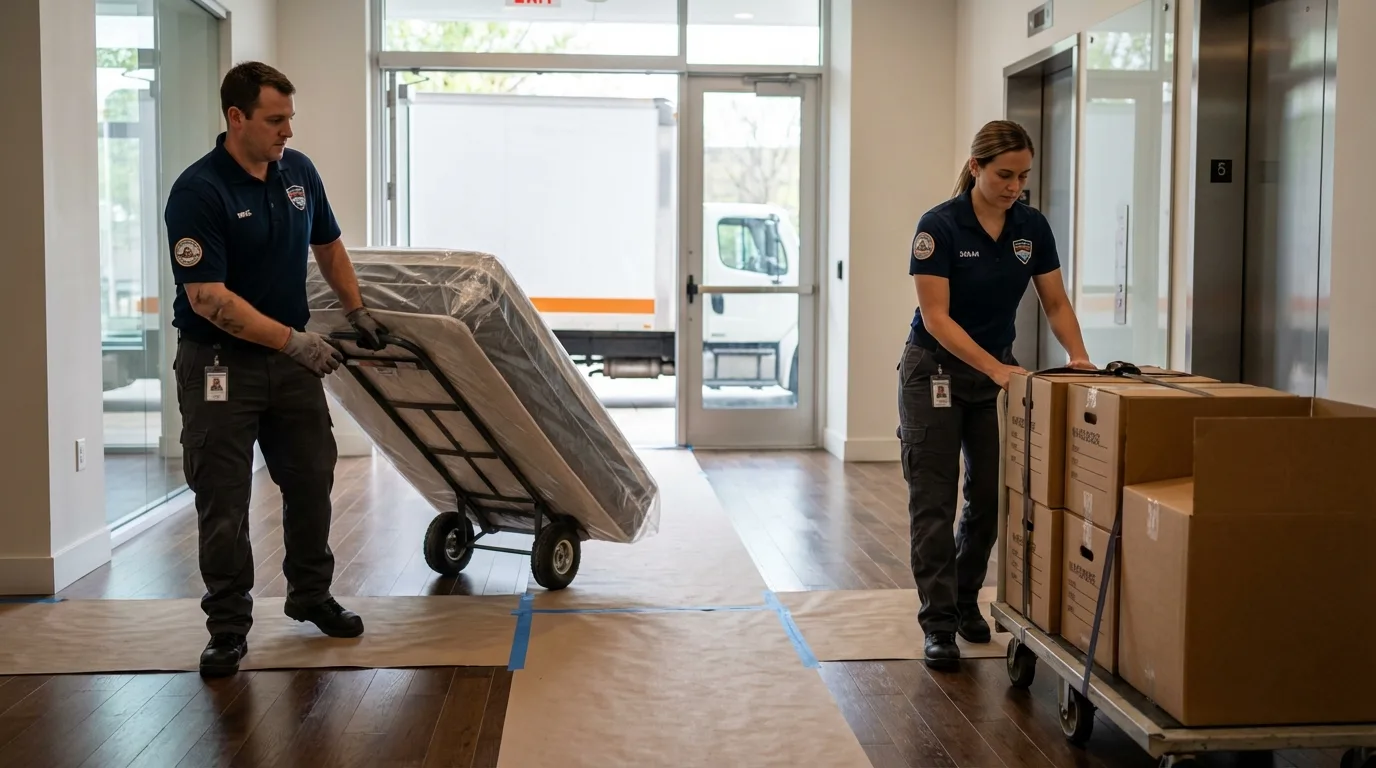 Professional apartment movers loading elevator in Atlanta, IL