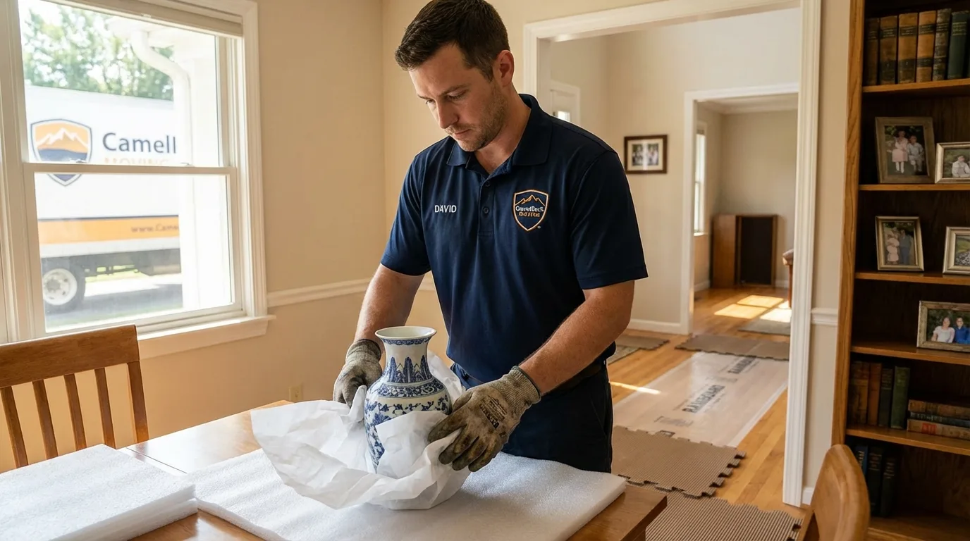 Professional crew carefully wrapping antique vase for senior downsizing move in Atlanta, IL